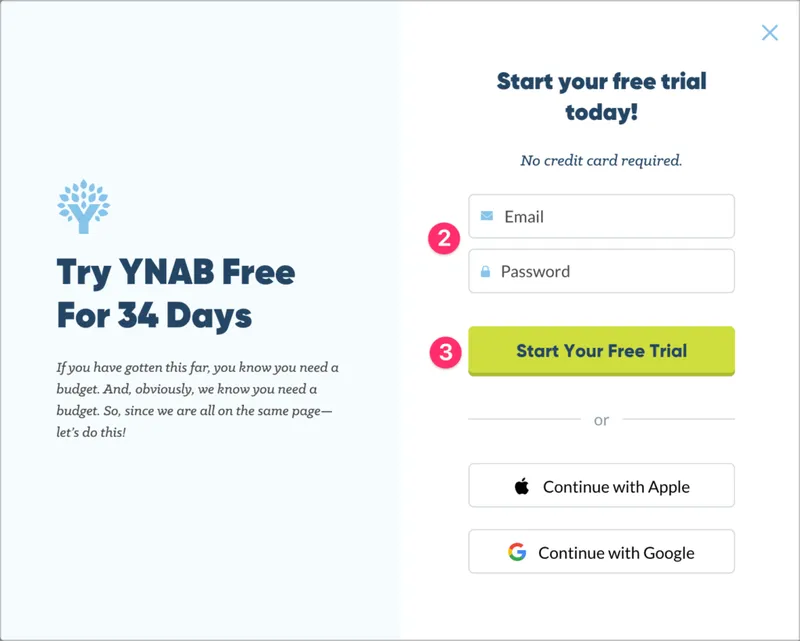 YNAB 注册画面